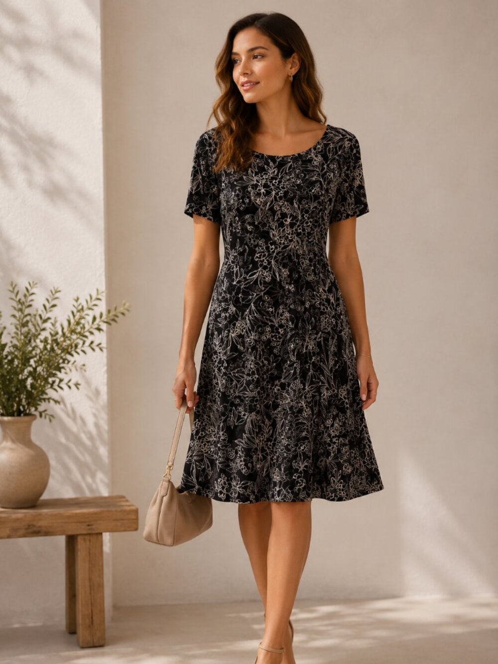 Black Floral Fit & Flare Dress Feminine A-Line Casual Chic Mini Dress